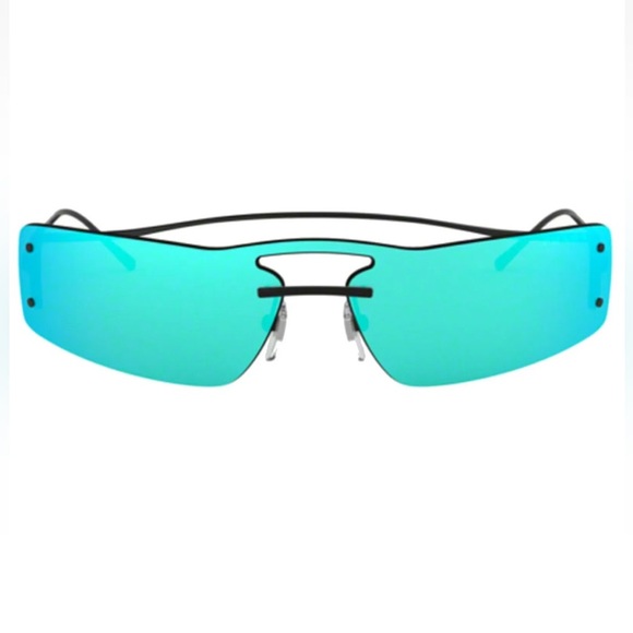 $390 Prada Rectangular Shield Sunglasses Blue Mirror Black Frame Lightweight NIB - Picture 7 of 16